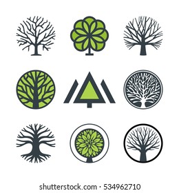 Vector tree, fir-tree, wood, oak. Set of logo design elements, badges, labels and logotype templates for your business