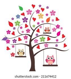 vector tree with flower, leaves, hearts, owls swinging 