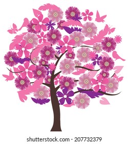vector tree with flowers, birds, leaves
