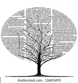 Vector tree formed by lines of text and newspaper columns. Text unreadable.
