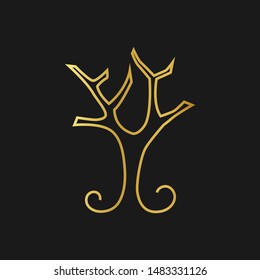 Vector tree, golden shape and monochromatic one. Abstract emblem, design concept, logo, logotype element for template.