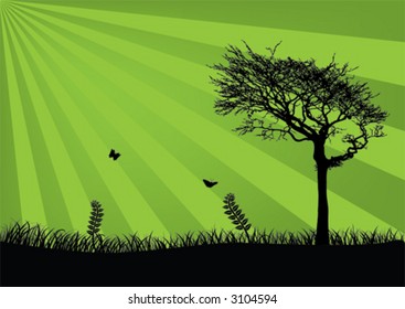 Vector tree, grass and butterflies in beautiful day