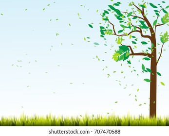 vector tree and green grass in autumn season flat design