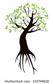 vector tree with green leaves and roots