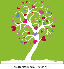 Vector; a tree with hearts on light green background
