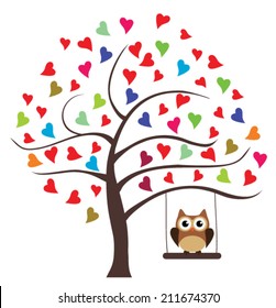 vector tree with hearts and owl swinging