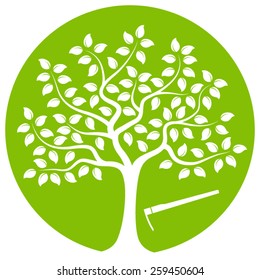 vector tree and hoe isolated on green round