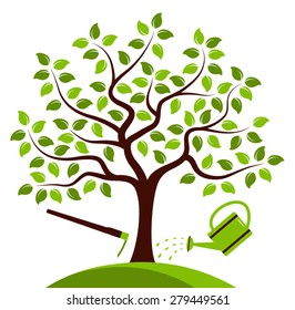 vector tree with hoe and watering can isolated on white background