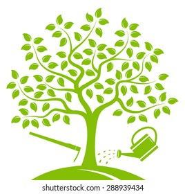 vector tree with hoe and watering can isolated on white background
