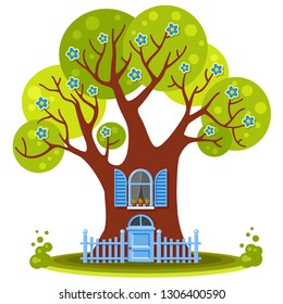 Vector tree house with a blue door, a window, a fence and flowers. Cute child summer illustration in a cartoon style. Bright cozy tree. Sweet home. Fairy tale forest