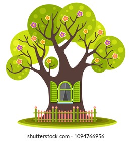 Vector tree house with a green arch window and a fence. Cute child summer illustration in a cartoon style. Bright cozy tree with flowers. Sweet home