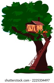 vector tree house on the big tree Dark brown trunk, green leaves, wooden stairs for going up the house.