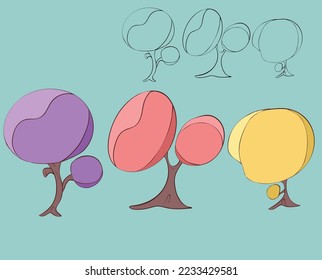 Vector Tree Illustration, Colorful Trees, Simple Drawing Tree, Line Drawing Trees