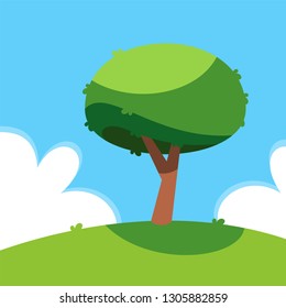 vector tree illustration on white background. surround tree with green leaves and a brown pillar. tree stands on a green meadow, blue sky and white clouds