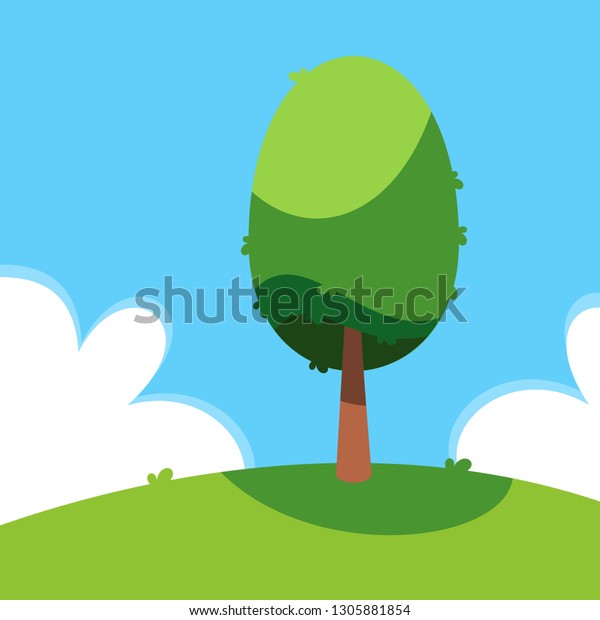白い背景にベクターツリーイラスト 緑の葉と茶色の柱で囲まれた木 緑の草地 青い空 白い雲の上に木が立つ のベクター画像素材 ロイヤリティフリー
