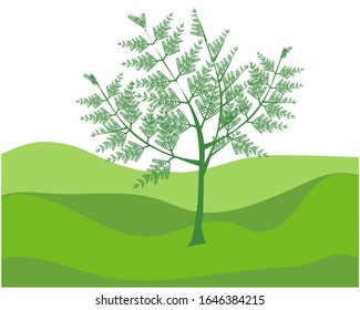 Vector tree image among small green hills on white background - Shutterstock ID 1646384215