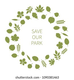 Vector tree leaves (elm, beech, ash, linden, birch, alder, aspen, willow, maple,  poplar, rowan, hawthorn, walnut, apple, oak, acacia, chestnut, conker) in form of wreath isolated on white background
