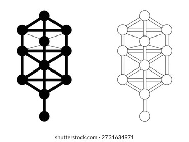 Diagrama Vetor Árvore da Vida, gráfico de sefirot de cabala em preto e branco, geometria de misticismo esotérico para arte espiritual, tatuagem ou uso de design oculto.