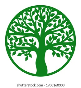 Vector tree of life in a round frame. Green trunk, branches and leaves. Design element for plotter cutting, paper cut, plywood, cardboard, metal engraving, wood carving, printing.