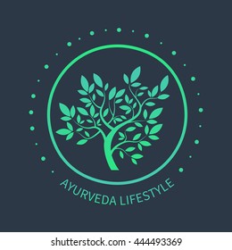 Logotipo da árvore vetorial. Símbolo ayurvédico no beckground escuro. Emblema Ayurveda para design de spa alternativo