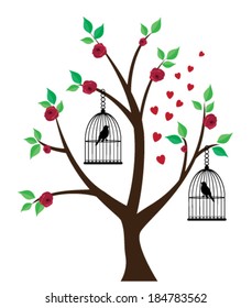 vector tree with love birds and roses