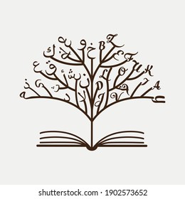 Vector tree made of letters. Arabic and Latin book.  Book tree. Story logo