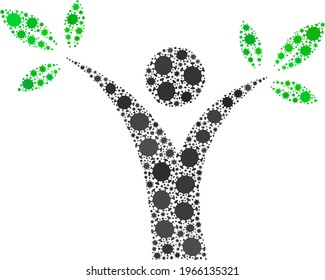 Vector tree man covid collage icon done for lockdown projects. Tree man mosaic is created from random covid viral elements.