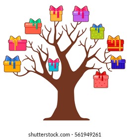 Vector tree with many different multicolored presents. Bright cartoon birthday illustration. Holiday boxes with bows. Cute greeting card with lots of gifts.