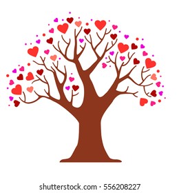 Vector tree with many red, pink and purple hearts. St.Valentines Day greeting card. Cartoon love illustration.
