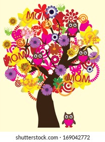 vector tree for mother's day with flowers, text, hearts, owls