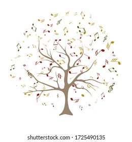 vector tree with musical notes. Concept of inspiration and musical creation with the silhouette of a tree. Musical Tree. Vector