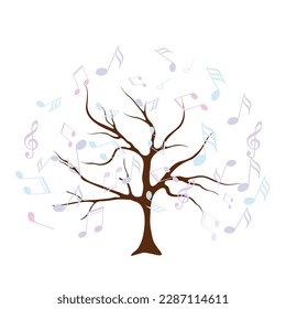 vector tree with musical notes. Concept of inspiration and musical creation with the silhouette of a tree. Musical Tree. Vector