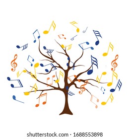 vector tree with musical notes. Whose leaves are replaced by multicolored musical notes. Musical Tree. Vector