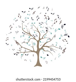 vector tree with musical notes. Whose leaves are replaced by multicolored musical notes. Musical Tree. Vector