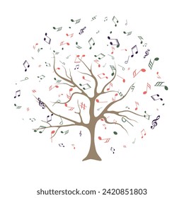 vector tree with musical notes. Whose leaves are replaced by multicolored musical notes. Musical Tree. Vector