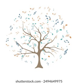 vector tree with musical notes. Whose leaves are replaced by multicolored musical notes. Musical Tree. Vector