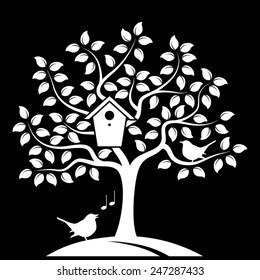 vector tree with nesting bird box and couple of birds isolated on black background