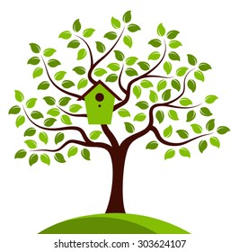 vector tree with nesting bird box isolated on white background