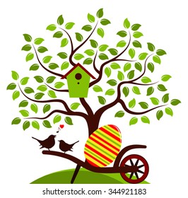 vector tree with nesting bird box and wheel barrow with one big easter egg and couple of birds isolated on white background