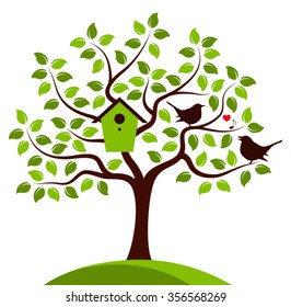 vector tree with nesting bird box and couple of birds isolated on white background