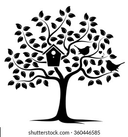 vector tree with nesting bird box and couple of birds isolated on white background