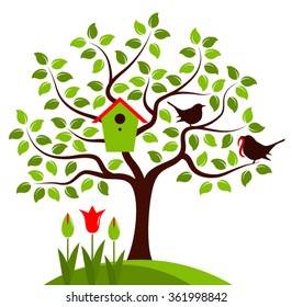vector tree with nesting bird box and mother bird and baby bird isolated on white background