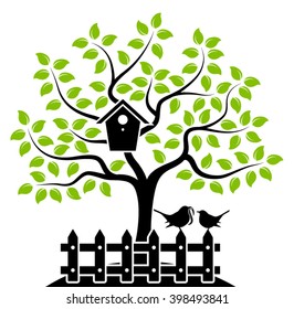 vector tree with nesting bird box and picket fence with mother bird and baby bird isolated on white background