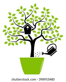 vector tree with nesting bird box in pot and watering can isolated on white background