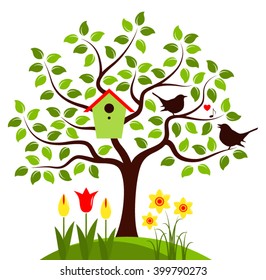 vector tree with nesting bird box and couple of birds isolated on white background