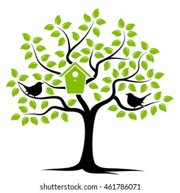 vector tree with nesting bird box and couple of birds isolated on white background
