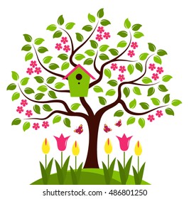 vector tree with nesting bird box and tulips isolated on white background