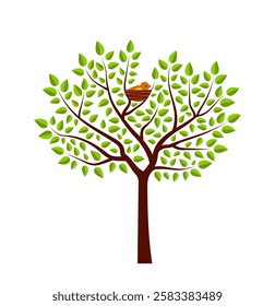 vector tree and nesting bird isolated on white background