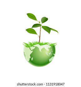 Vector tree  on World green Half Size. Abstract Earth eco globe concept. Connected dot line point art life root vector illustration ่on White background.