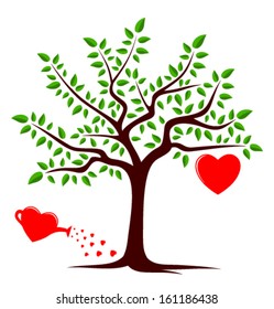 vector tree with one big heart and heart watering can isolated on white background